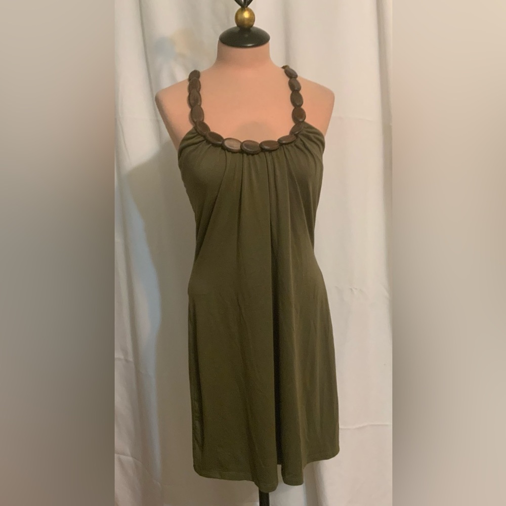 Love Culture Mini Dress Army Green Tie Back  W/Wooden Accent Size Medium